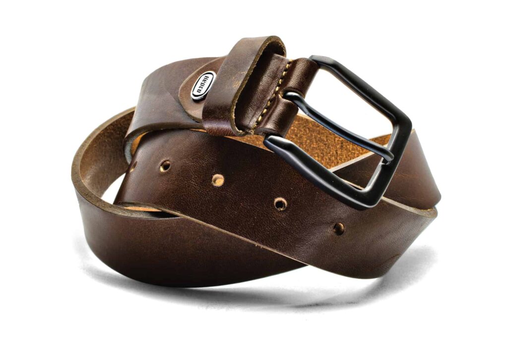 A brown full cowhide belt from Hepco, intertwined as a sign of infinity